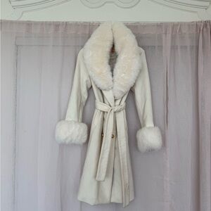 Elegant White Faux Fur Trimmed Coat